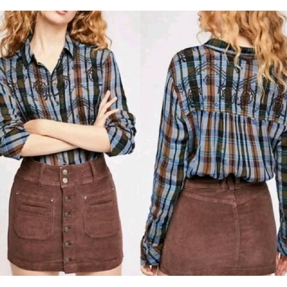 Free People Magical Plaid Floral Embroidered Shirt Blue Brown Long Sleeve Sz S